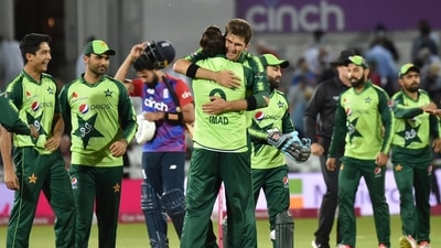 Pakistan players celebrate after their win in the first Twenty20 international cricket match between England and Pakistan at Trent Bridge in Nottingham, Friday, July 16, 2021. (AP) Pakistan players celebrate after their win in the first Twenty20 international cricket match between England and Pakistan at Trent Bridge in Nottingham, Friday, July 16, 2021. (AP)