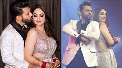 Disha Parmar dances the night away with Rahul Vaidya in sequin saree during reception (Instagram/@israniphotography) Disha Parmar dances the night away with Rahul Vaidya in sequin saree during reception (Instagram/@israniphotography)