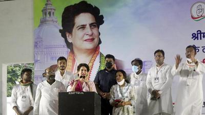 Congress general secretary Priyanka Gandhi Vadra addressing party workers in Lucknow on Saturday. (PTI Photo)