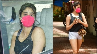 Janhvi carried an expensive Off-White shoulder bag with her workout attire. She completed the gym look with black lace-up chunky sneakers and her post-workout glow. (Varinder Chawla) Janhvi carried an expensive Off-White shoulder bag with her workout attire. She completed the gym look with black lace-up chunky sneakers and her post-workout glow. (Varinder Chawla)