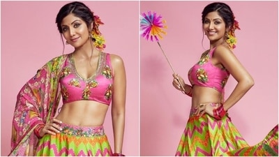 Shilpa Shetty is back with a colourful bang in ₹1 lakh printed lehenga set (Instagram/@theshilpashetty) Shilpa Shetty is back with a colourful bang in ₹1 lakh printed lehenga set (Instagram/@theshilpashetty)