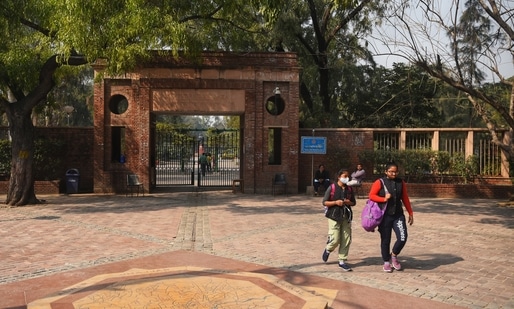 Students outside the University Plaza after Delhi University reopened for final year students in New Delhi, earlier this year.( Amal KS / Hindustan Times)
