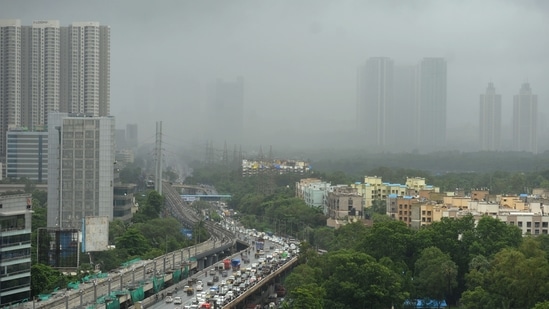 An aerial view of heavy rain on the Western Express Highway near Aarey, at Goregaon, in Mumbai, India on Friday, July 16, 2021.(Photo by Vijay Bate/HT Photo)