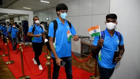 Indian Olympic players during the sending-off ceremony from Delhi Airport for Tokyo Olympics, in New Delhi. (ANI Photo)