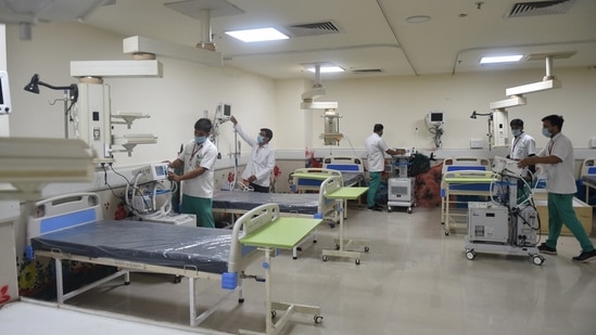 Greater Noida: Hospital staff set up a 100-bedded pediatrics facility for children at the Government Institute of Medical Sciences (GIMS) in Greater Noida, earlier this month. (PTI)