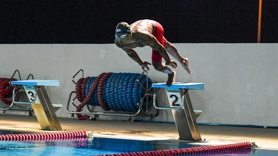 Taking off! Swimmer Sajan Prakash snapped while training in Dubai ahead of his departure to Japan for the Tokyo Olympics.(SAI)