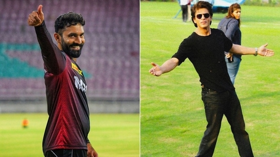 Dinesh Karthik (L) and KKR owner Shahrukh Khan (KKR/Twitter)