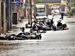 A waterlogged street amid heavy rain at the Lalbaug area in Mumbai on Sunday. (Praful Gangurde /HT)
