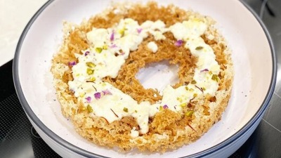 Ghevar with carrot sorbet: Depinder Chhibber made it to the top 24 for her Rajasthani special dessert Ghevar with carrot sorbet. This dish is mostly prepared during the monsoon festival of Teej.  (Instagram/@depinder_)