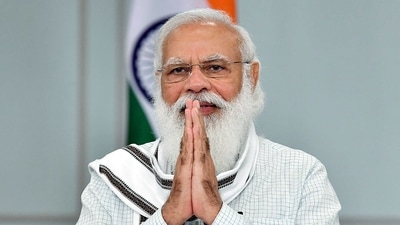 Prime Minister Narendra Modi greets during his address at the World Youth Skill Day celebrations through video conferencing in New Delhi on Thursday. (ANI)