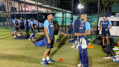 Indian Cricket Team Head Coach Rahul Dravid and Captain Shikhar Dhawan during the practice session ahead of the ODI series with Sri Lanka, in Colombo on Saturday. (ANI Photo)