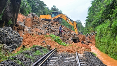 Heavy rainfall led to landslide between Mangalore Junction and Thokur railway station. (PTI Photo) Heavy rainfall led to landslide between Mangalore Junction and Thokur railway station. (PTI Photo)