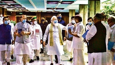 Prime Minister Narendra Modi leaves after an all-party meeting, a day before the monsoon session of Parliament begins, in New Delhi. (PTI Photo) Prime Minister Narendra Modi leaves after an all-party meeting, a day before the monsoon session of Parliament begins, in New Delhi. (PTI Photo)