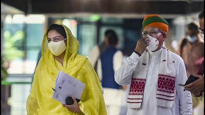 SAD MP Harsimrat Kaur Badal arrives to attend an all-party meeting, a day before the monsoon session of Parliament begins, in New Delhi on Monday. (PTI) SAD MP Harsimrat Kaur Badal arrives to attend an all-party meeting, a day before the monsoon session of Parliament begins, in New Delhi on Monday. (PTI)
