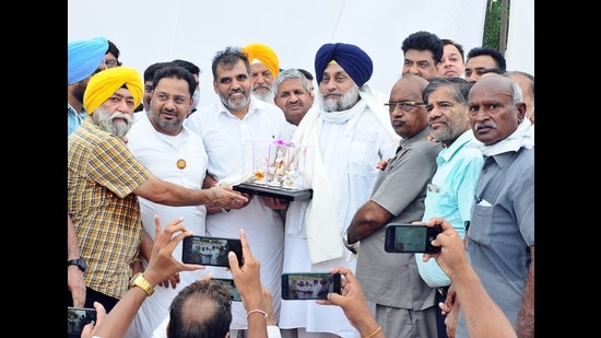 Shiromani Akali Dal president Sukhbir Singh Badal with other party leaders on Sunday.