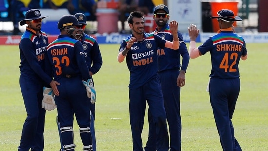 Yuzvendra Chahal celebrates the wicket of Sri Lanka's Avishka Fernando during the first ODI(AP)