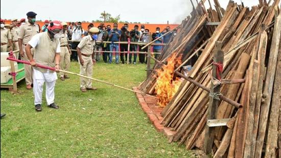 On Sunday, Assam CM Himanta Biswa Sarma burnt 10 kg of heroin, 253 kg of cannabis, 977 gm opium, over 271,000 psychotropic substances. (Courtesy- Twitter) On Sunday, Assam CM Himanta Biswa Sarma burnt 10 kg of heroin, 253 kg of cannabis, 977 gm opium, over 271,000 psychotropic substances. (Courtesy- Twitter)