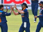 Kuldeep Yadav, left, and Shikhar Dhawan, celebrate the dismissal of Bhanuka Rajapaksa during the first one-day international cricket match between Sri Lanka and India in Colomb.(AP)