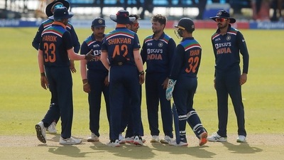 India's Kuldeep Yadav celebrates with teammates after taking the wicket. (REUTERS)