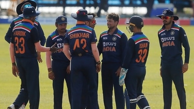 India's Kuldeep Yadav celebrates with teammates after taking the wicket of Sri Lanka's Minod Bhanuka. (REUTERS)