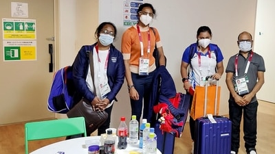 Indian badminton player PV Sindhu, and others reach the Olympic village for Tokyo Olympics 2020, in Tokyo on Sunday. (ANI Photo)