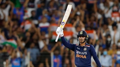 India's Ishan Kishan celebrates his half-century during the first ODI match against Sri Lanka, at R.Premadasa Stadium in Colombo on Sunday. (ICC/ANI Photo) India's Ishan Kishan celebrates his half-century during the first ODI match against Sri Lanka, at R.Premadasa Stadium in Colombo on Sunday. (ICC/ANI Photo)