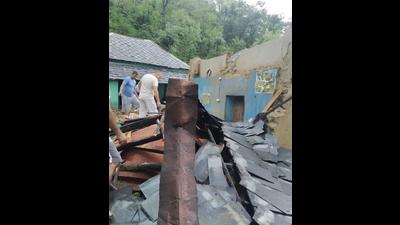 Damage caused to houses due to the widespread rain in Kangra district on Monday. (HT Photo) Damage caused to houses due to the widespread rain in Kangra district on Monday. (HT Photo)