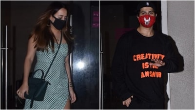 Natasha Dalal in ₹3k thigh-slit printed dress looks glam with Varun Dhawan on night out (Varinder Chawla) Natasha Dalal in ₹3k thigh-slit printed dress looks glam with Varun Dhawan on night out (Varinder Chawla)