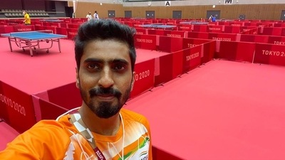 Top Indian paddler G. Sathiyan gives a glimpse of the TT venue ahead of his training session before the start of the Tokyo Olympics. (TWITTER) Top Indian paddler G. Sathiyan gives a glimpse of the TT venue ahead of his training session before the start of the Tokyo Olympics. (TWITTER)