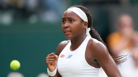 FILE PHOTO: Jul 3, 2021; London, United Kingdom; Coco Gauff (USA) seen celebrating whilst playing Kaja Juvan (SLO) on Centre Court in the women’s third round at All England Lawn Tennis and Croquet Club. Mandatory Credit: Peter van den Berg-USA TODAY Sports(USA TODAY Sports)
