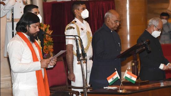 Nisith Pramanik takes oath as minister of state during the swearing-in ceremony at Rashtrapati Bhavan, in New Delhi on July 7, 2021. (HT Photo)