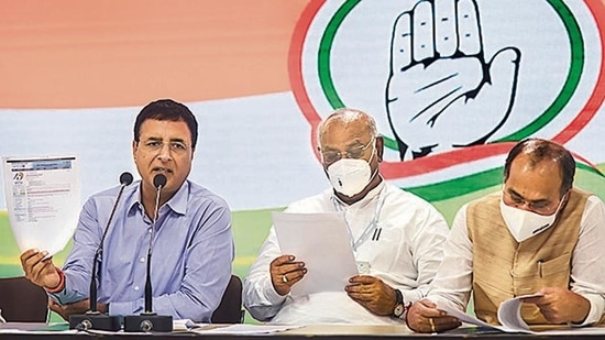 Congress chief spokesperson Randeep Surjewala, leader of the Opposition in the Rajya Sabha Mallikarjun Kharge and the party’s floor leader Adhir Ranjan Choudhury accused the government of playing with security.(PTI)