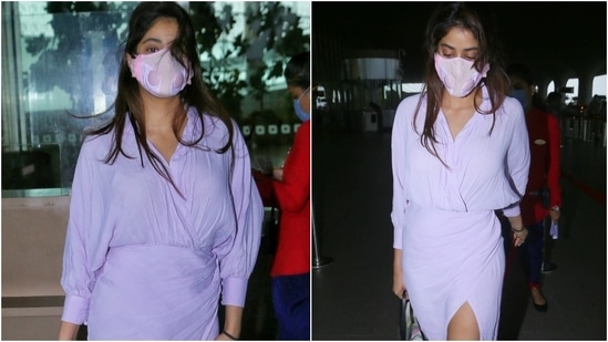 Janhvi Kapoor looked lovely as she arrived outside Mumbai airport today. The actor wore a stunning lilac ensemble for her jet-set look and gave us casual-chic styling tips with her sartorial choice.(Varinder Chawla)