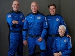 In this photo provided by Blue Origin, from left to right: Mark Bezos, brother of Jeff Bezos; Jeff Bezos, founder of Amazon and space tourism company Blue Origin; Oliver Daemen, of the Netherlands; and Wally Funk, aviation pioneer from Texas. (AP) In this photo provided by Blue Origin, from left to right: Mark Bezos, brother of Jeff Bezos; Jeff Bezos, founder of Amazon and space tourism company Blue Origin; Oliver Daemen, of the Netherlands; and Wally Funk, aviation pioneer from Texas. (AP)