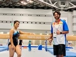 Indian gymnast Pranati Nayak trains with her coach ahead of the start of the Tokyo Olympics.(SAI)