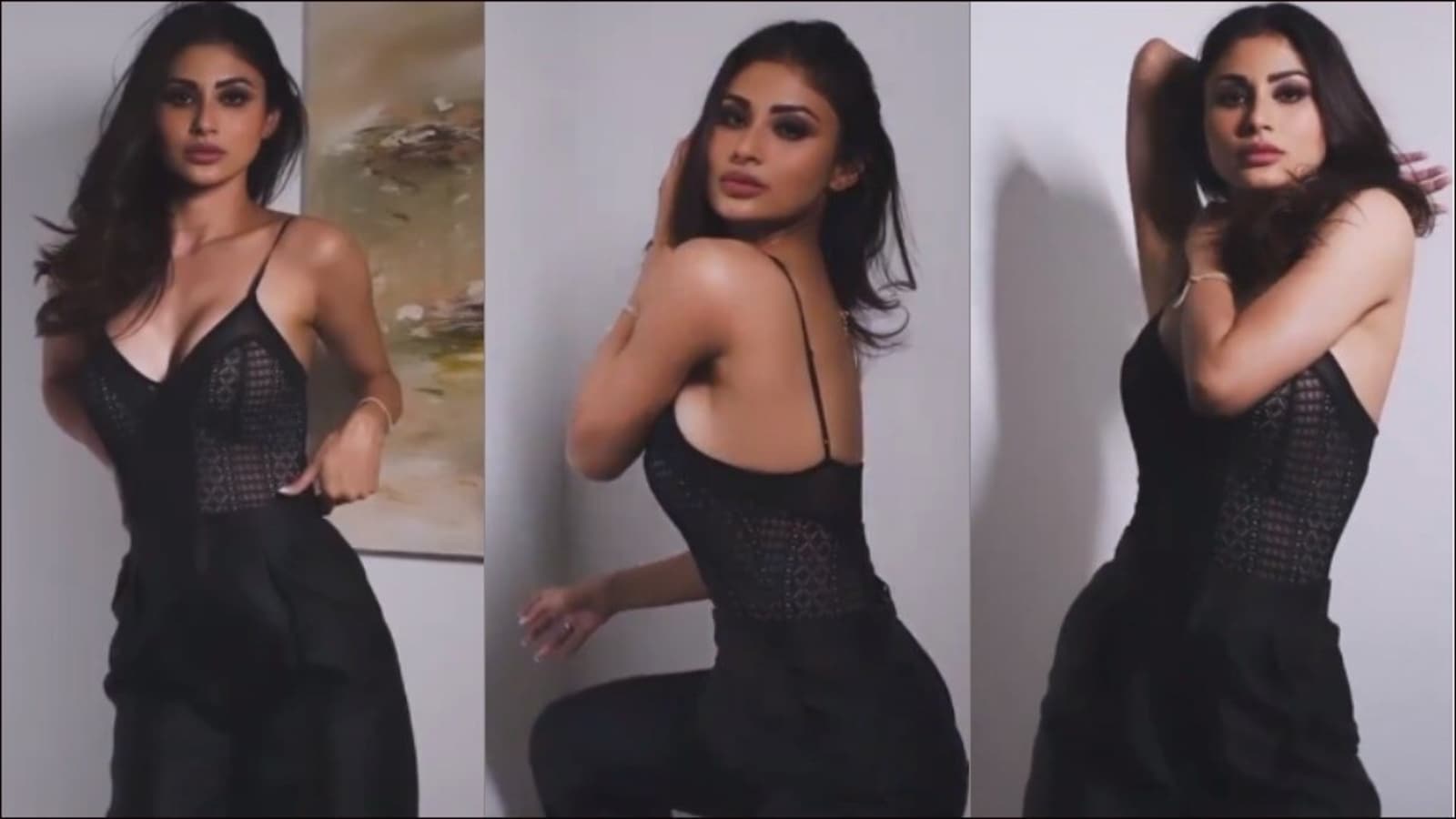 Mouni Roy sets Dubai on fire in sheer lacey deep neck top, black pants, Watch