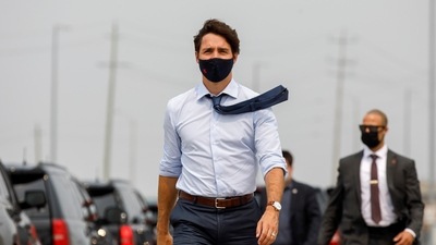 Canada's Prime Minister Justin Trudeau arrives to a press conference at a housing construction site in Brampton, Ontario, Canada. (REUTERS)