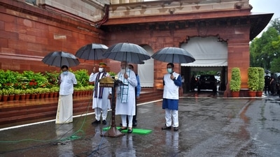 Prime Minister Narendra Modi addressing the media upon his arrival to attend the Monsoon session of Parliament in New Delhi, on July 19. The first day of the Monsoon session kicked off on July 19 and PM Modi submitted the list of new ministers in both Houses amid protests by opposition parties against the rise in fuel prices and demanding tax cuts on petroleum products. (Ajay Aggarwal / HT Photo) Prime Minister Narendra Modi addressing the media upon his arrival to attend the Monsoon session of Parliament in New Delhi, on July 19. The first day of the Monsoon session kicked off on July 19 and PM Modi submitted the list of new ministers in both Houses amid protests by opposition parties against the rise in fuel prices and demanding tax cuts on petroleum products. (Ajay Aggarwal / HT Photo)