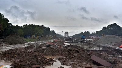 A view of the under-construction Central Vista project site near India Gate on a rainy day in New Delhi, on July 19. (Ajay Aggarwal / HT Photo) A view of the under-construction Central Vista project site near India Gate on a rainy day in New Delhi, on July 19. (Ajay Aggarwal / HT Photo)