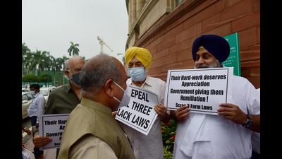 Shiromani Akali Dal president Sukhbir Singh Badal protesting outside Parliament on Tuesday. Shiromani Akali Dal president Sukhbir Singh Badal protesting outside Parliament on Tuesday.