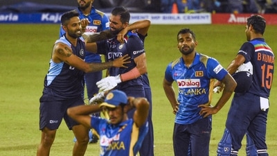 India's Deepak Chahar (C) celebrates with his teammates after India defeated Sri Lanka by 3 wickets in their second one-day international (ODI) cricket match between Sri Lanka and India at the R.Premadasa Stadium in Colombo. (AFP) India's Deepak Chahar (C) celebrates with his teammates after India defeated Sri Lanka by 3 wickets in their second one-day international (ODI) cricket match between Sri Lanka and India at the R.Premadasa Stadium in Colombo. (AFP)