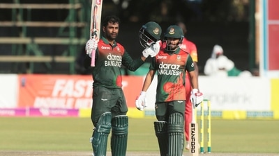 Bangladesh batsman Tamim Iqbal celebrates after scoring 100 (AP)