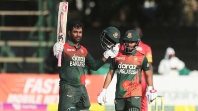 Harare: Bangladesh batsman Tamim Iqbal Khan, celebrates after scoring 100 runs on the final One Day series match between Zimbabwe and Bangladesh at Harare Sports Club in Harare. (AP)
