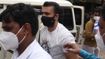 Raj Kundra, brought to property Cell Unit of Crime Branch office, after being produce Esplanade Court in Mumbai on Tuesday. (Bhushan Koyande/HT Photo)