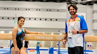 Indian gymnast Pranati Nayak trains with her coach ahead of the start of the Tokyo Olympics. (SAI)