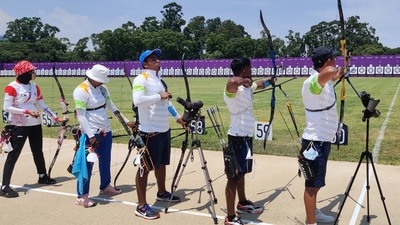 The Indian archery contingent training ahead of the start of the Tokyo Olympics. (SAI)