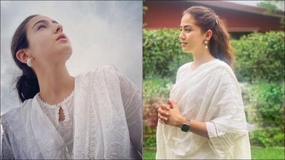After Sara Ali Khan, Mira Rajput slays same white kurta-palazzo with Nirma twist (Instagram/saraalikhan95/mira.kapoor) After Sara Ali Khan, Mira Rajput slays same white kurta-palazzo with Nirma twist (Instagram/saraalikhan95/mira.kapoor)