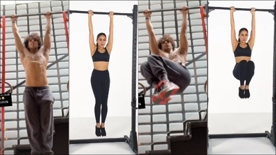 Ishaan Khatter, Sara Ali Khan encourage working on overall core strength with hanging leg raises (Instagram/ishaankhatter/saraalikhan95) Ishaan Khatter, Sara Ali Khan encourage working on overall core strength with hanging leg raises (Instagram/ishaankhatter/saraalikhan95)