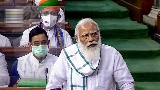 Prime Minister Narendra Modi speaks in the Lok Sabha, on the first day of the monsoon session of Parliament, in New Delhi, Monday.(PTI) Prime Minister Narendra Modi speaks in the Lok Sabha, on the first day of the monsoon session of Parliament, in New Delhi, Monday.(PTI)