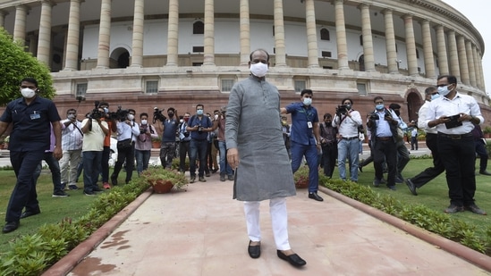 Lok Sabha Speaker Om Birla during an inspection of preparations for the forthcoming monsoon session at the Parliament House in New Delhi, India, on Monday, July 12, 2021.(Arvind Yadav / HT PHOTO)